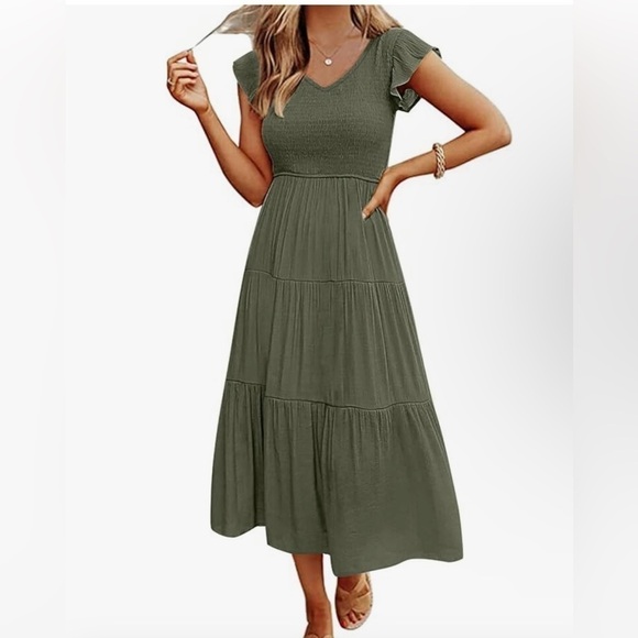 MEROKEETY Flutter Sleeve Smocked Midi Dress V Neck Casual Tiered w/ Pockets - Picture 1 of 9
